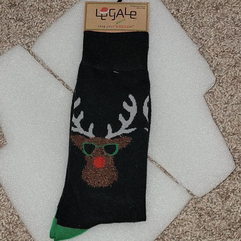 NWT LeGale Men Christmas Socks Red Nose Reindeer Cool Yule Fits Shoe Size 8-12